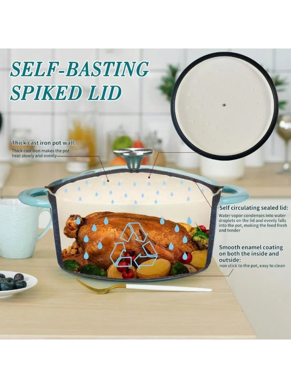 3QT Cast Iron Dutch Oven Pot with Self-Basting Lid for Baking & Cooking - Teal